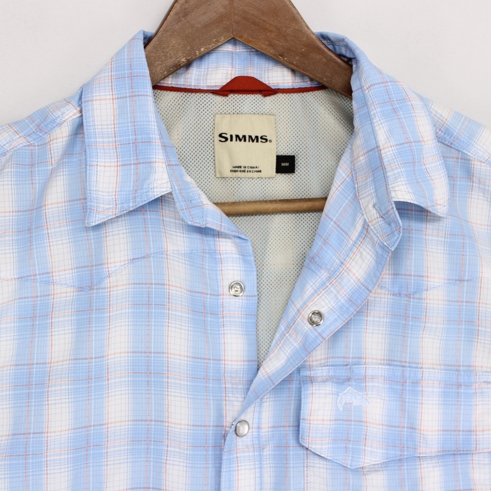Simms Shirt Mens M Blue Plaid Pearl Snap Short Sleeve Vented Fishing - Picture 2 of 8